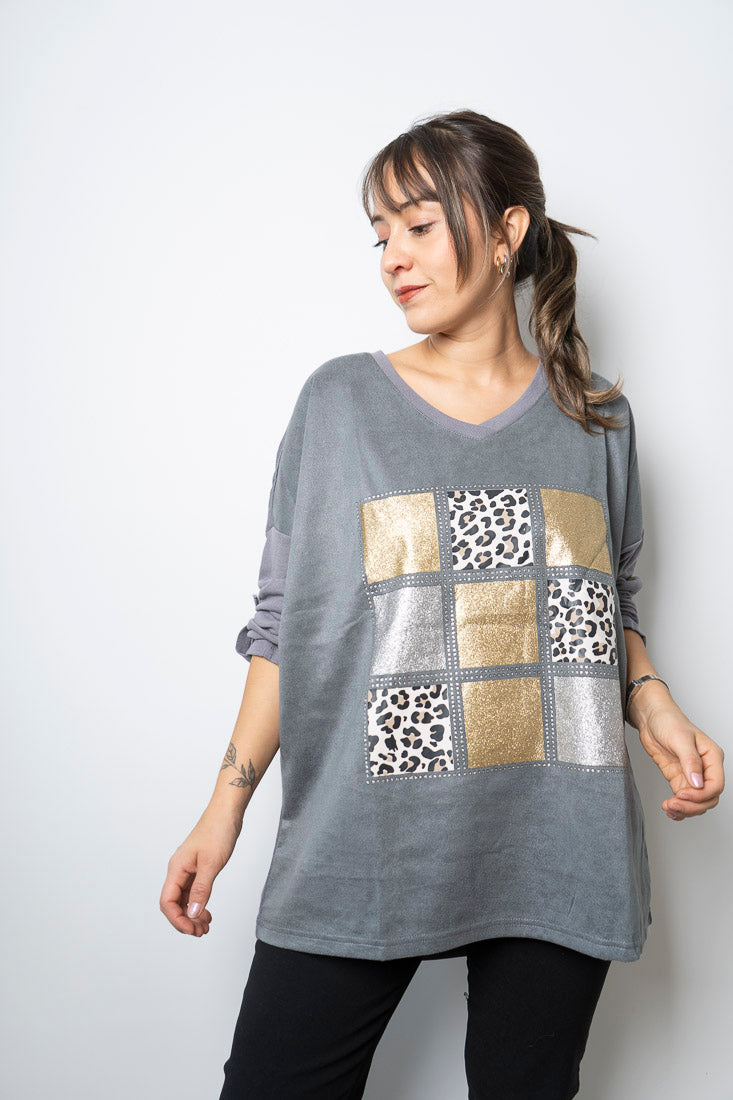 Polera Detalle animal print - Gris