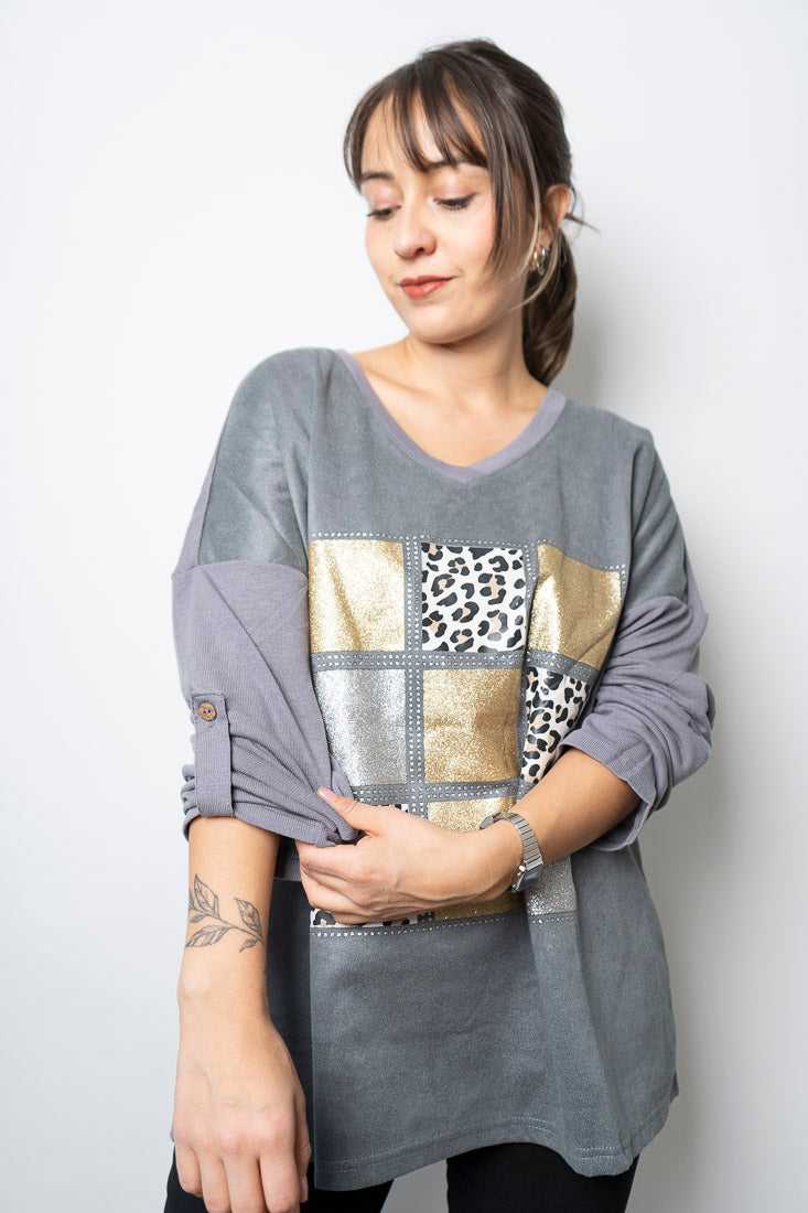 Polera Detalle animal print - Gris