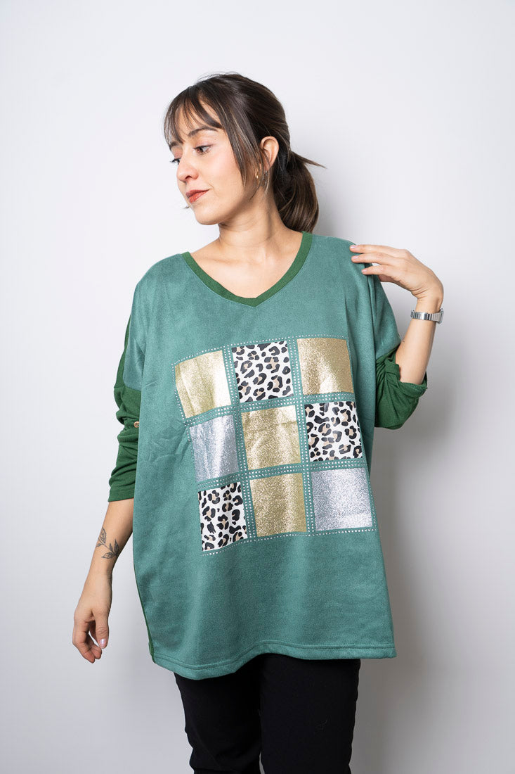 Polera Detalle animal print - Verde