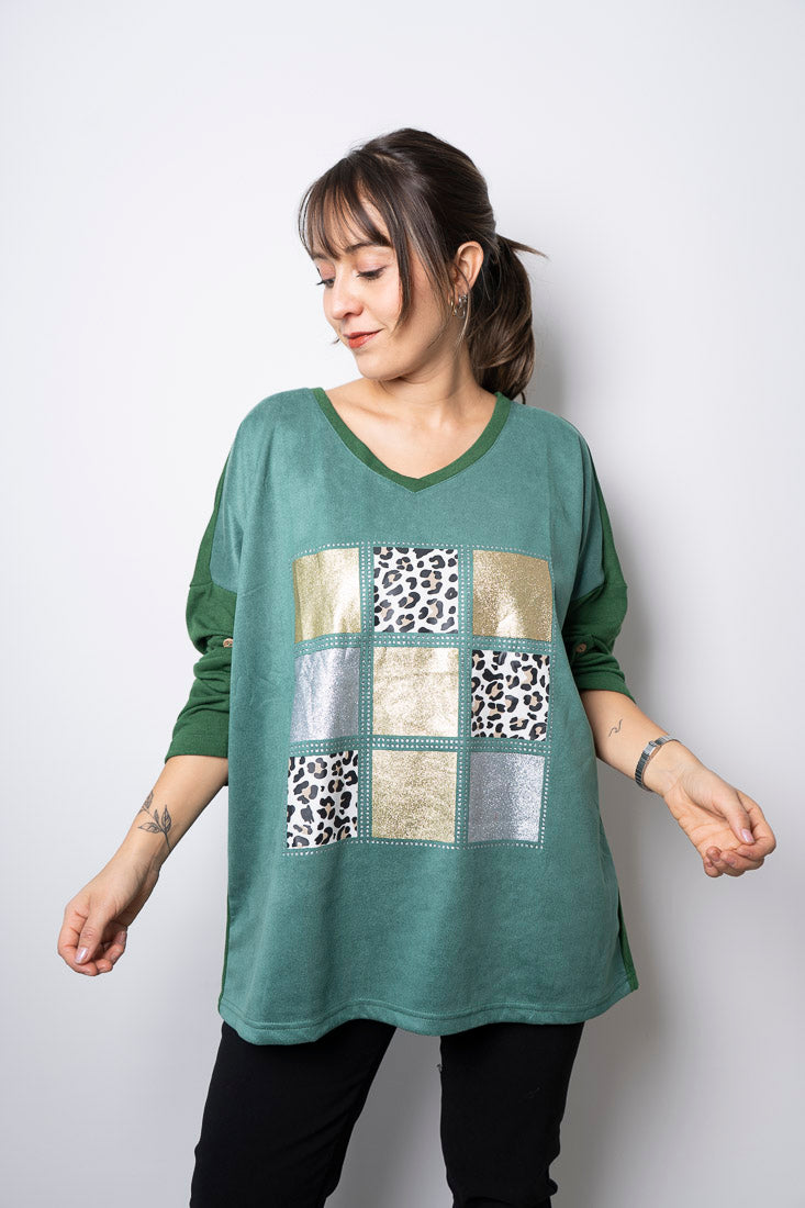 Polera Detalle animal print - Verde