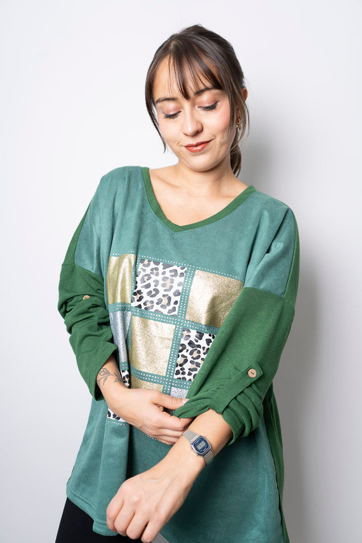 Polera Detalle animal print - Verde
