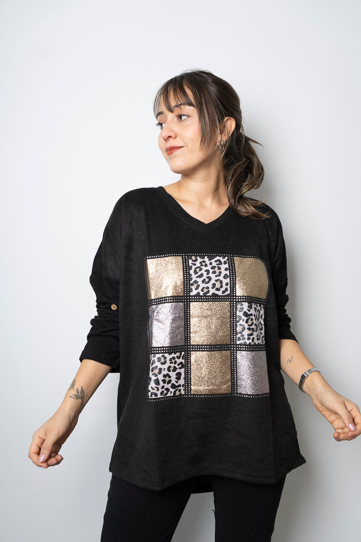 Polera Detalle animal print - Negro