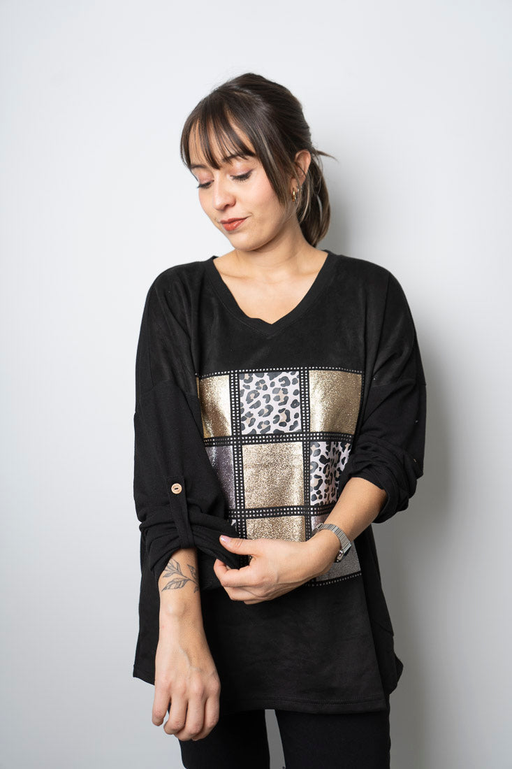 Polera Detalle animal print - Negro