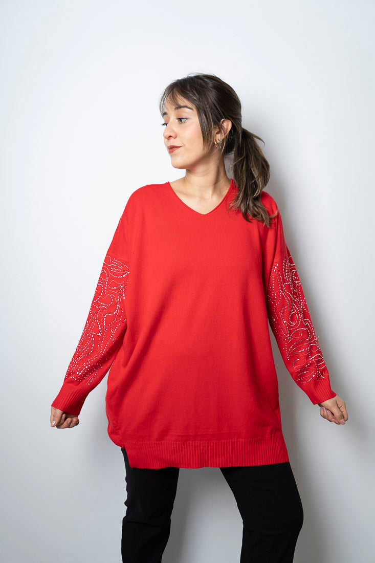 Sweater brillos en brazos - Rojo