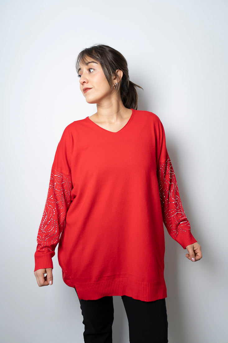 Sweater brillos en brazos - Rojo