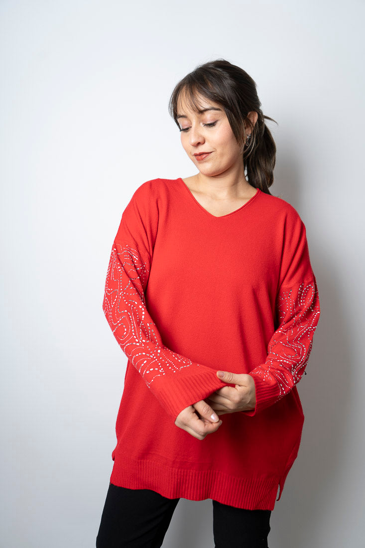 Sweater brillos en brazos - Rojo