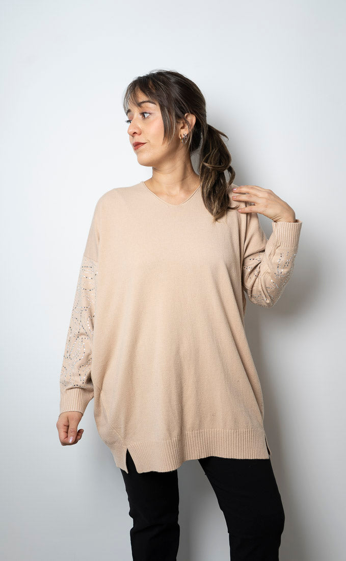 Sweater brillos en brazos - Beige