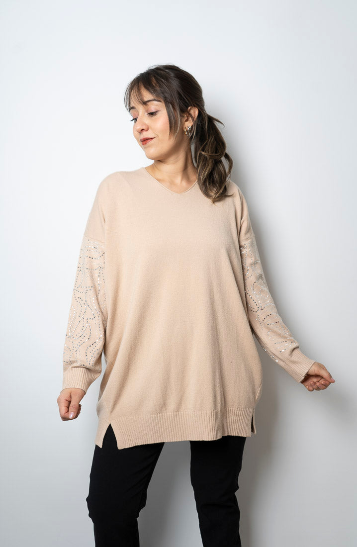 Sweater brillos en brazos - Beige
