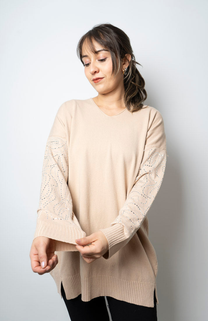 Sweater brillos en brazos - Beige