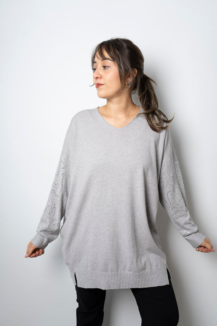 Sweater brillos en brazos - Gris