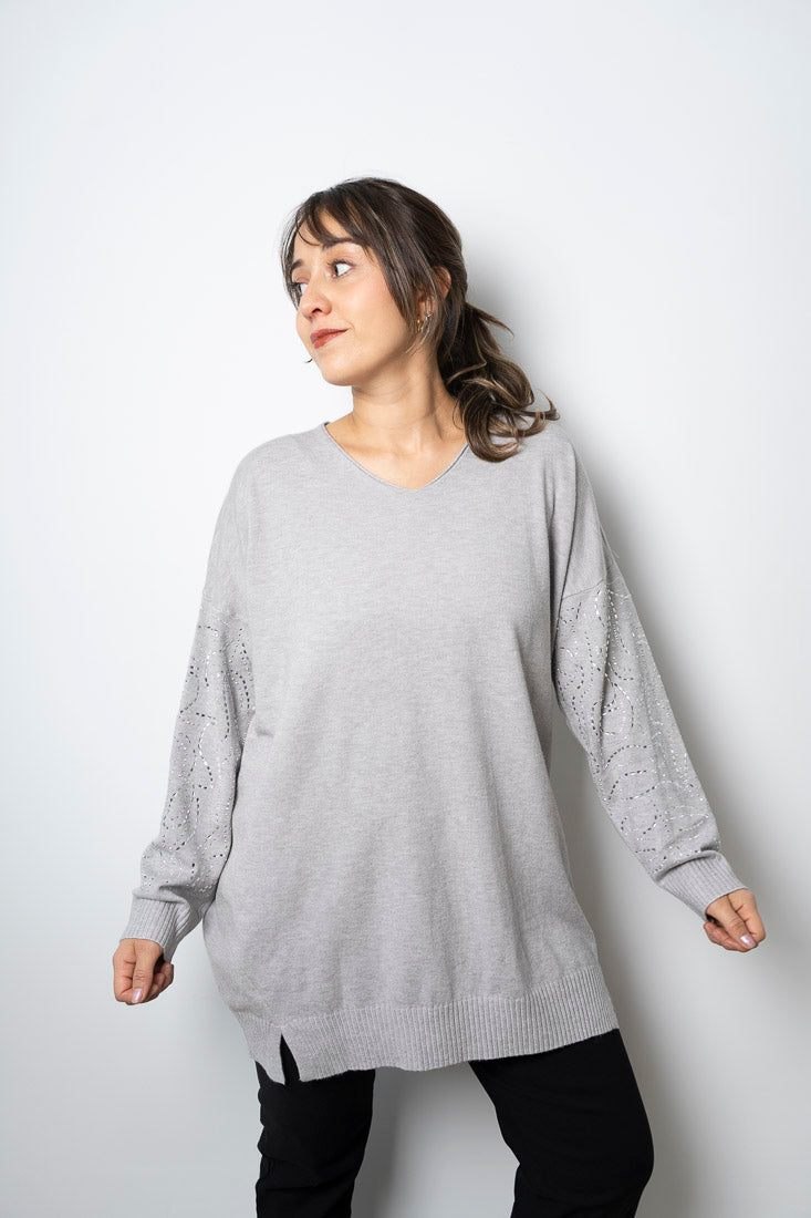 Sweater brillos en brazos - Gris