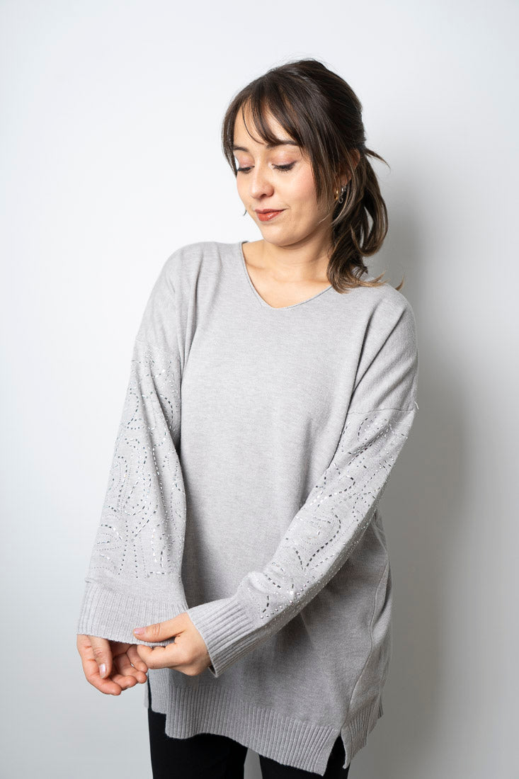 Sweater brillos en brazos - Gris