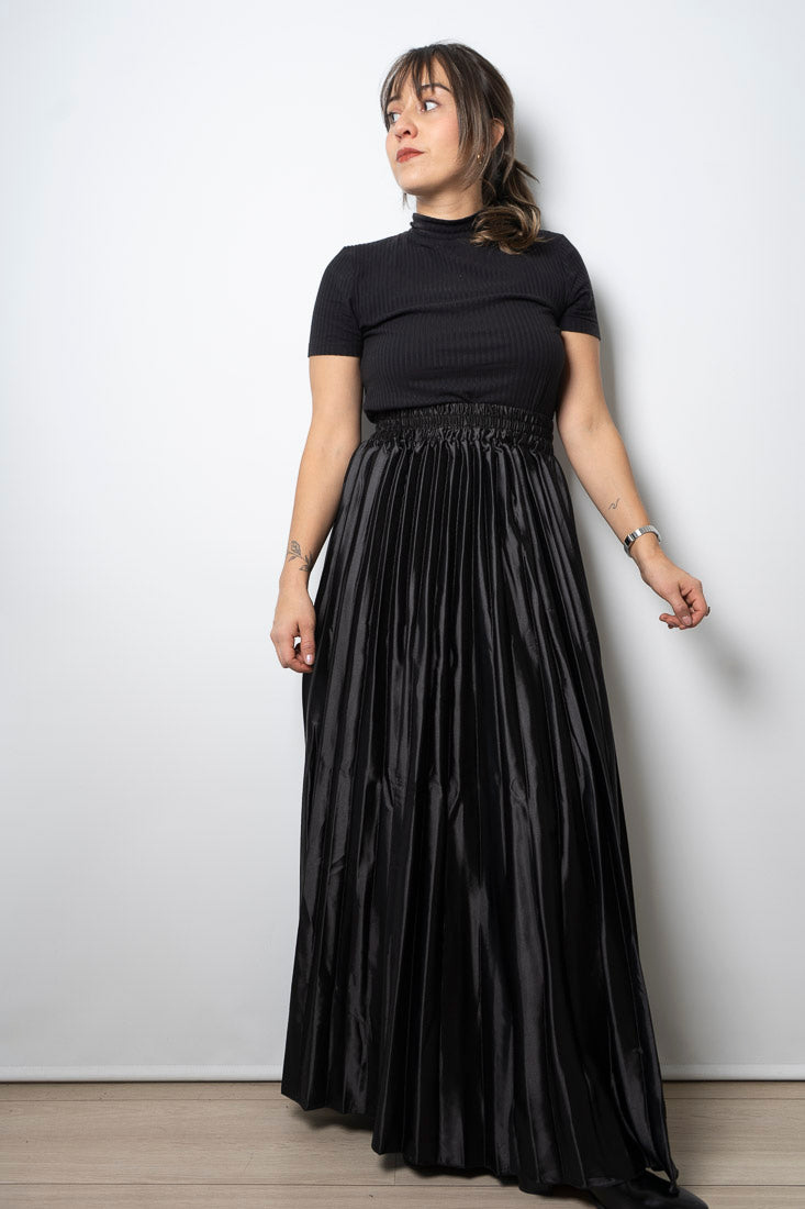 Falda larga satin tableada - Negro