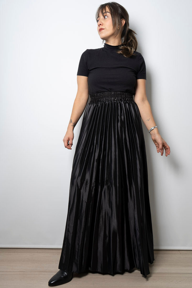 Falda larga satin tableada - Negro
