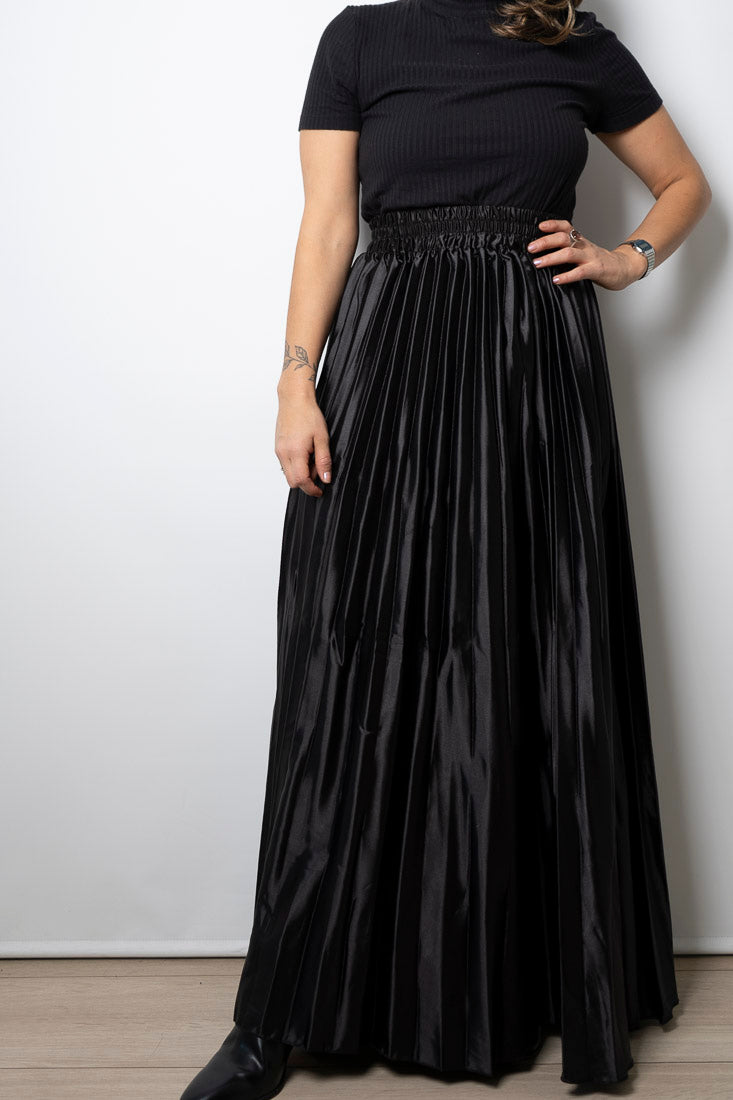 Falda larga satin tableada - Negro