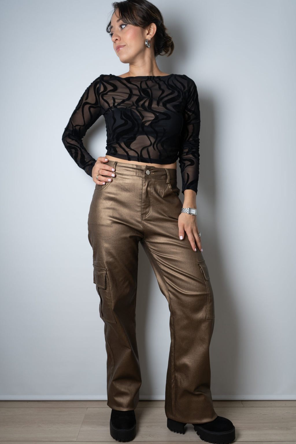 Pantalón Cargo Metalizado - Café