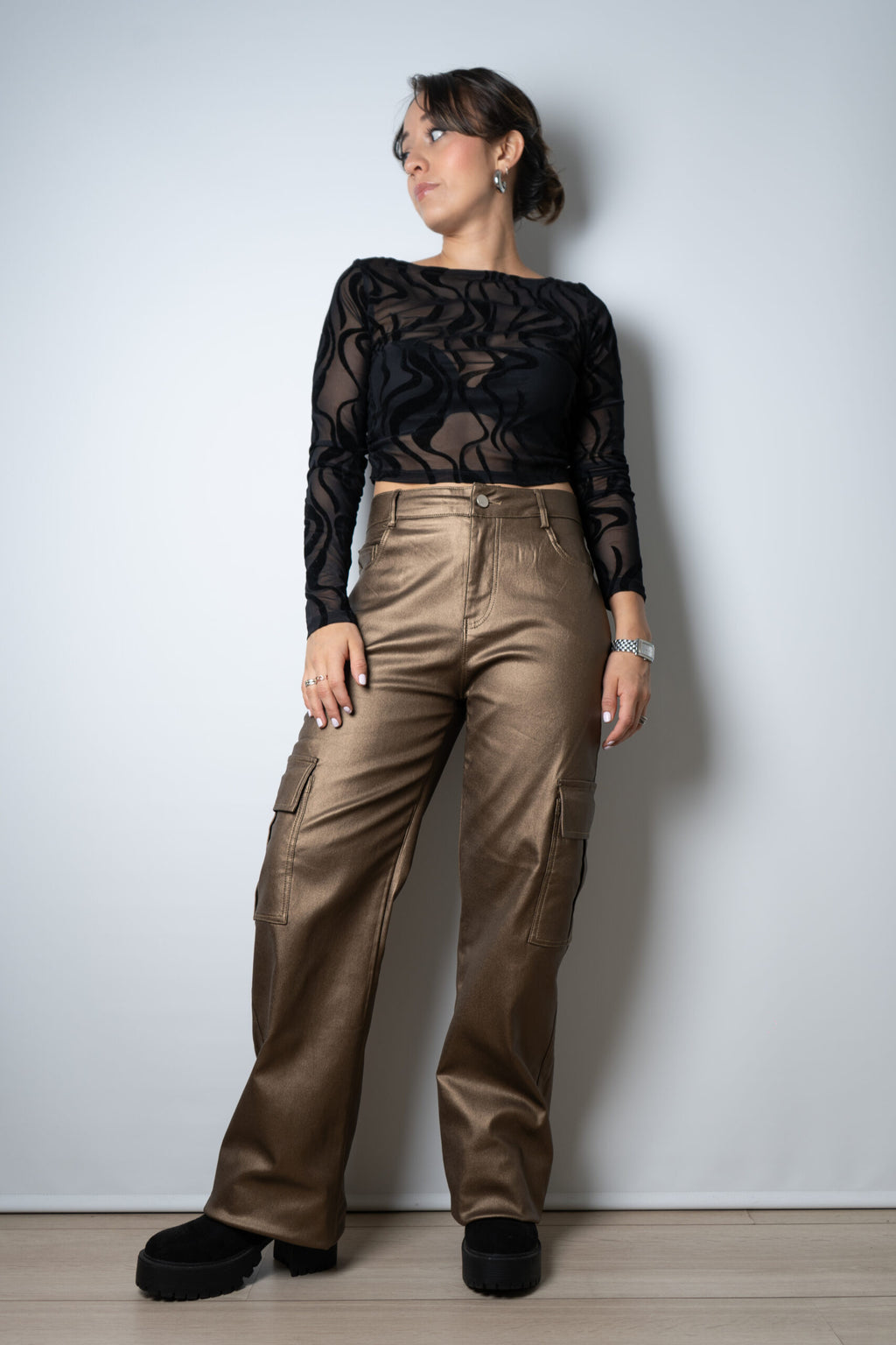 Pantalón Cargo Metalizado - Café