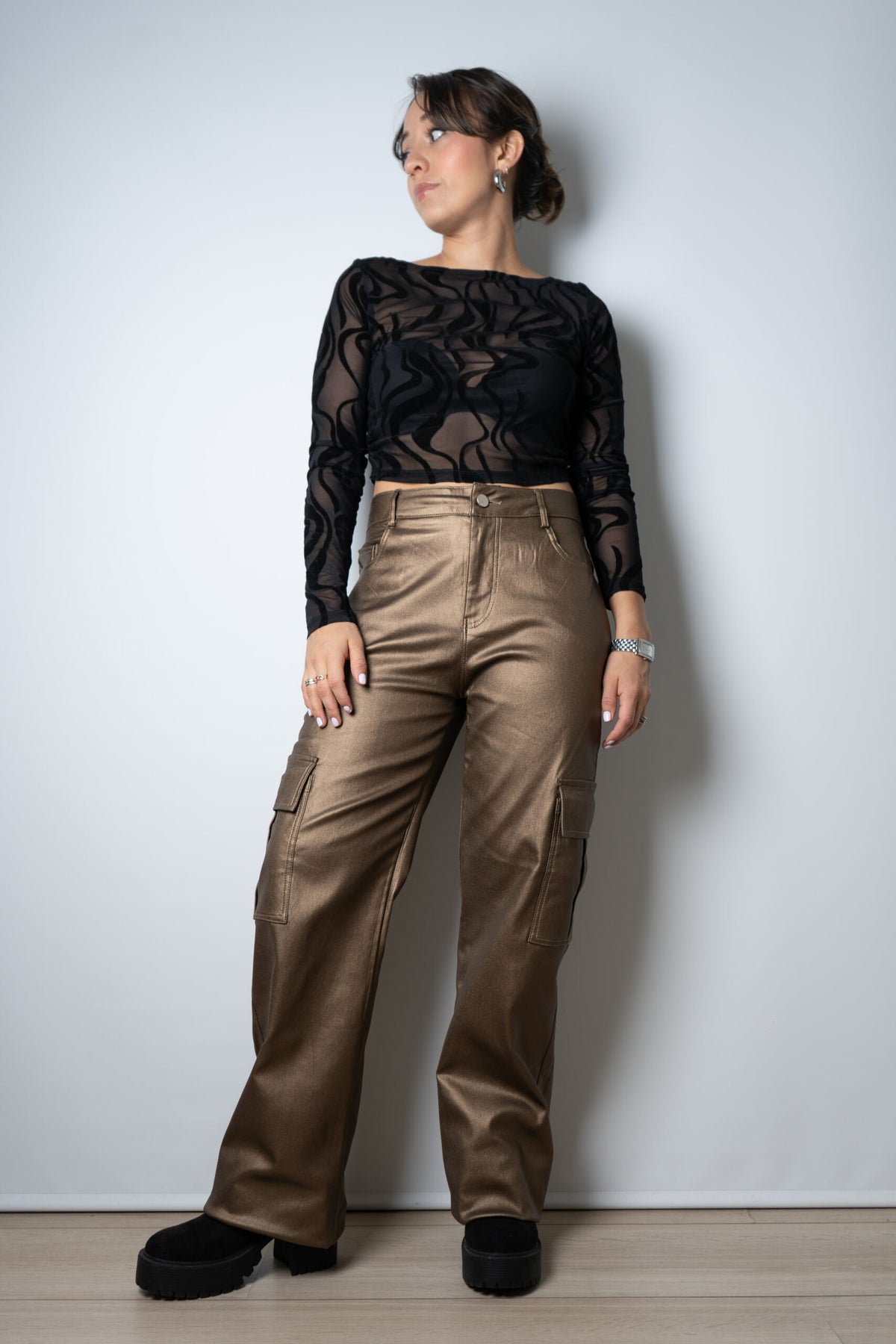 Pantalón Cargo Metalizado - Café