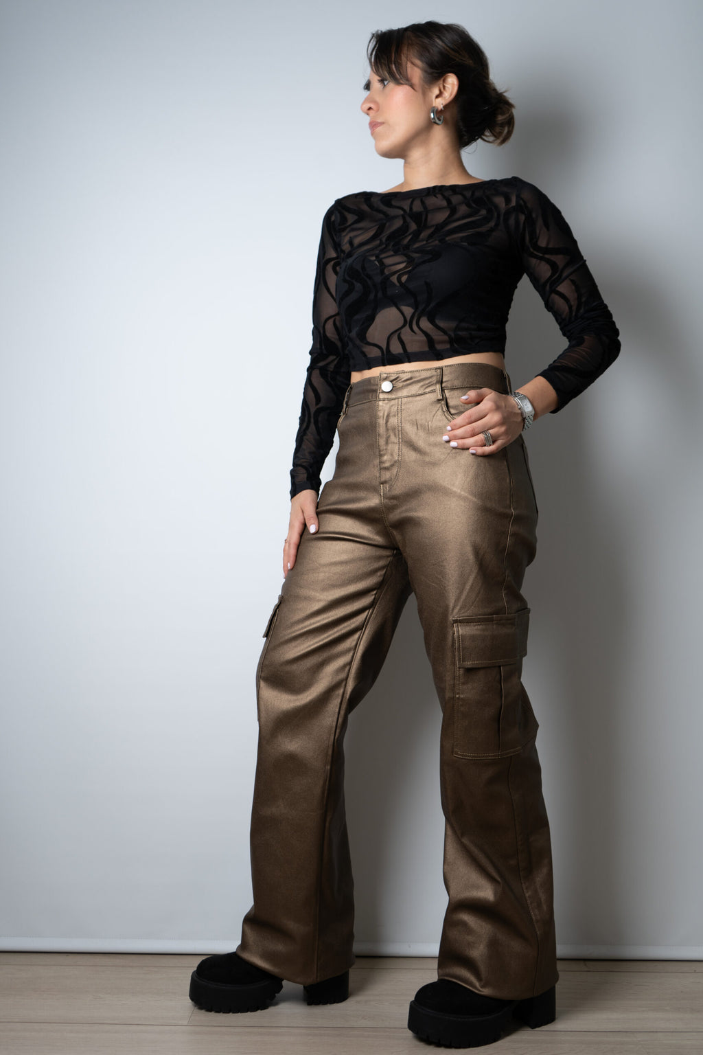Pantalón Cargo Metalizado - Café