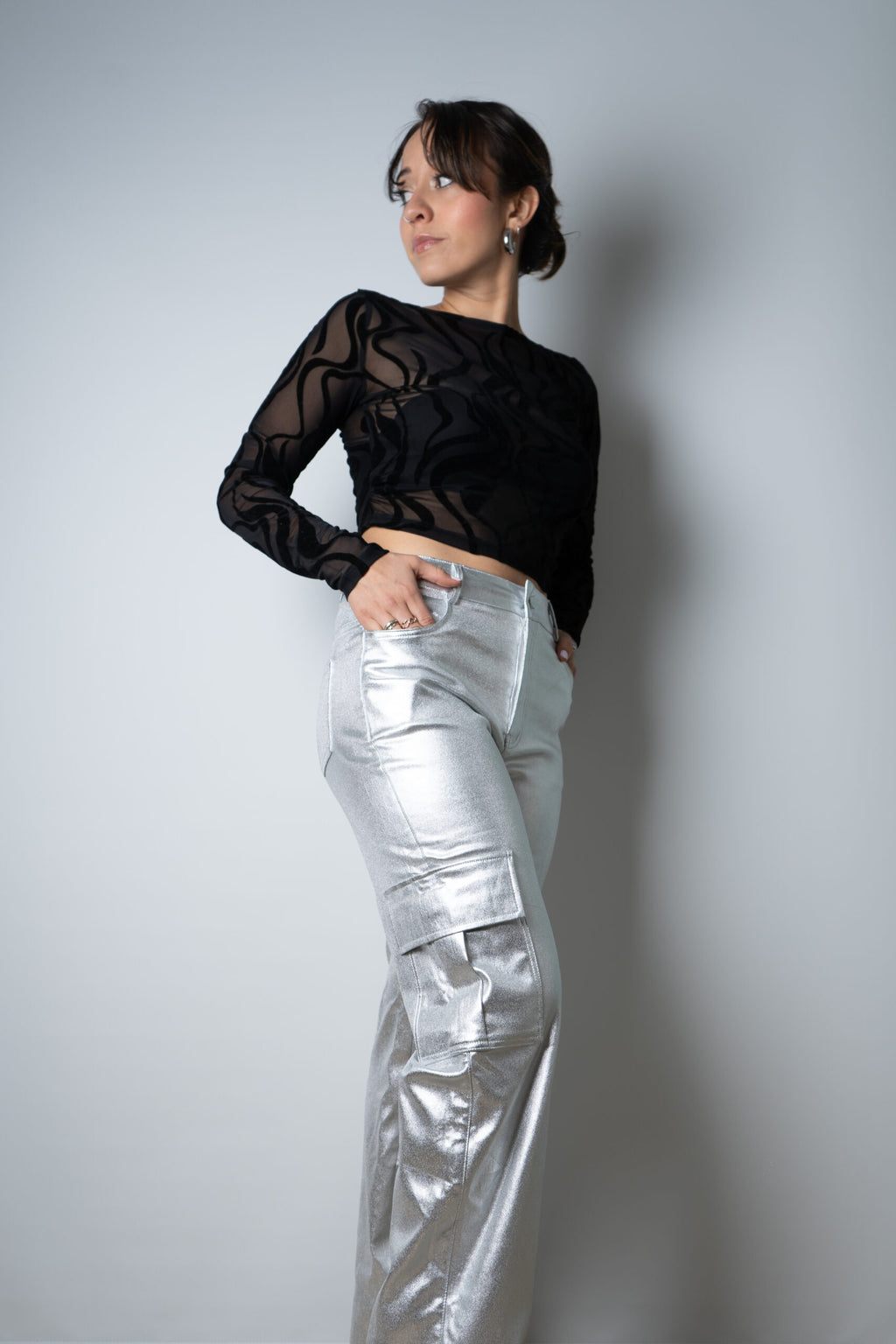 Pantalón Cargo Metalizado - Plateado