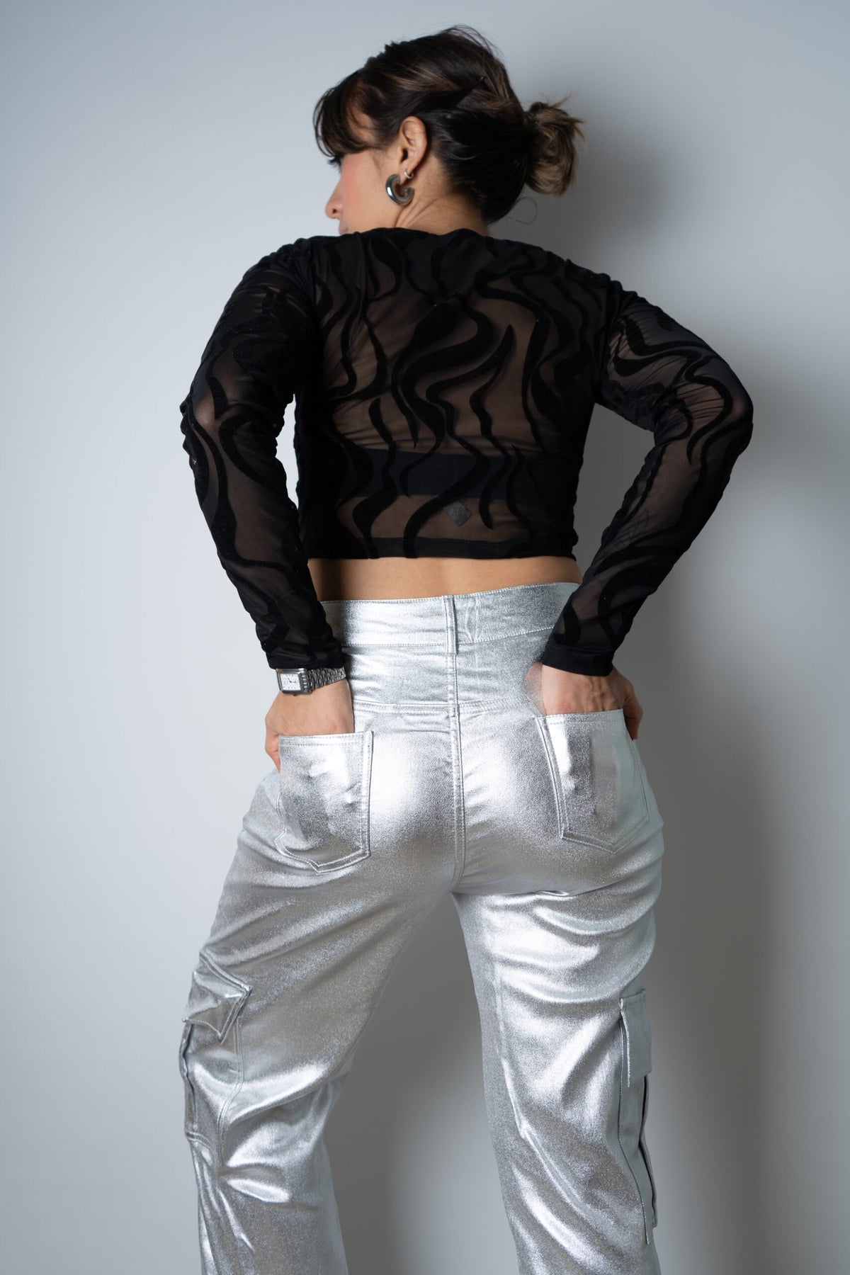 Pantalón Cargo Metalizado - Plateado