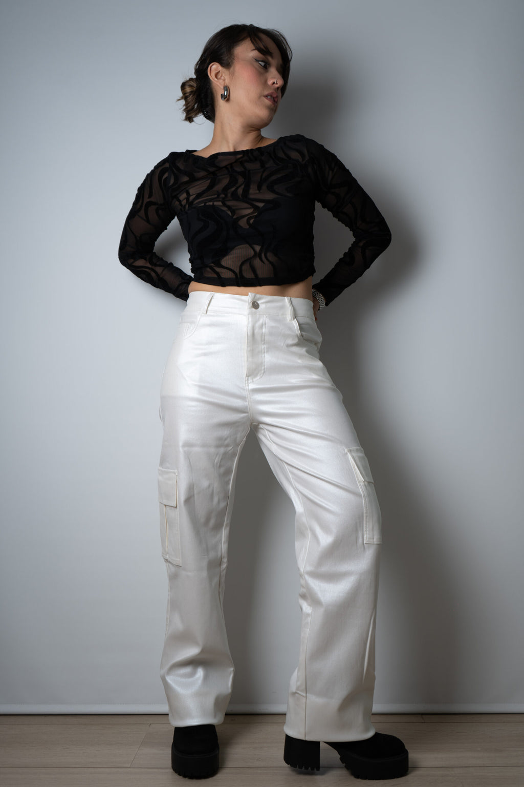 Pantalón Cargo Metalizado - Blanco