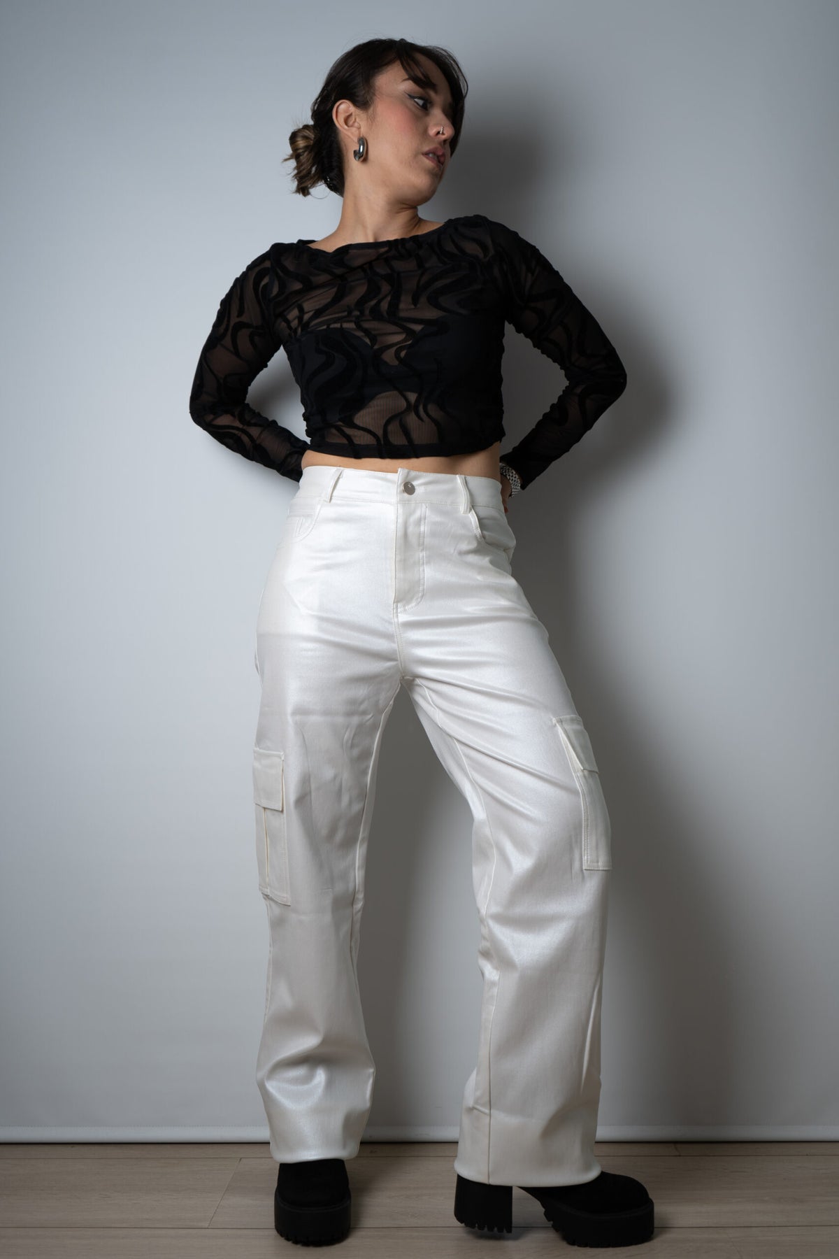Pantalón Cargo Metalizado - Blanco