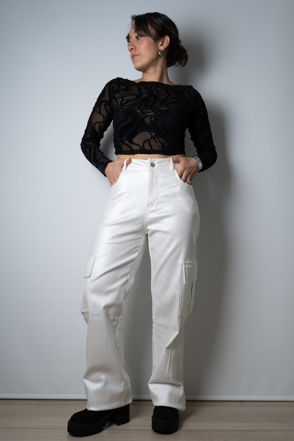 Pantalón Cargo Metalizado - Blanco
