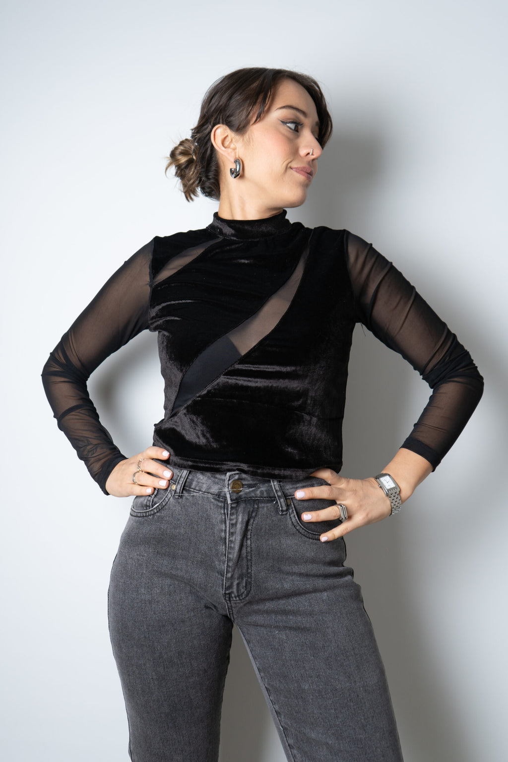 Top de Diseño con Transparencia/Terciopelo - Negro