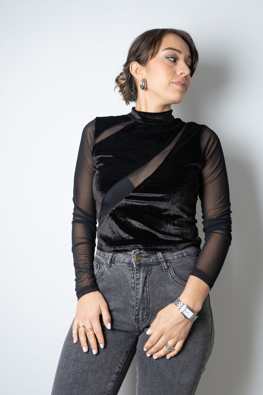 Top de Diseño con Transparencia/Terciopelo - Negro