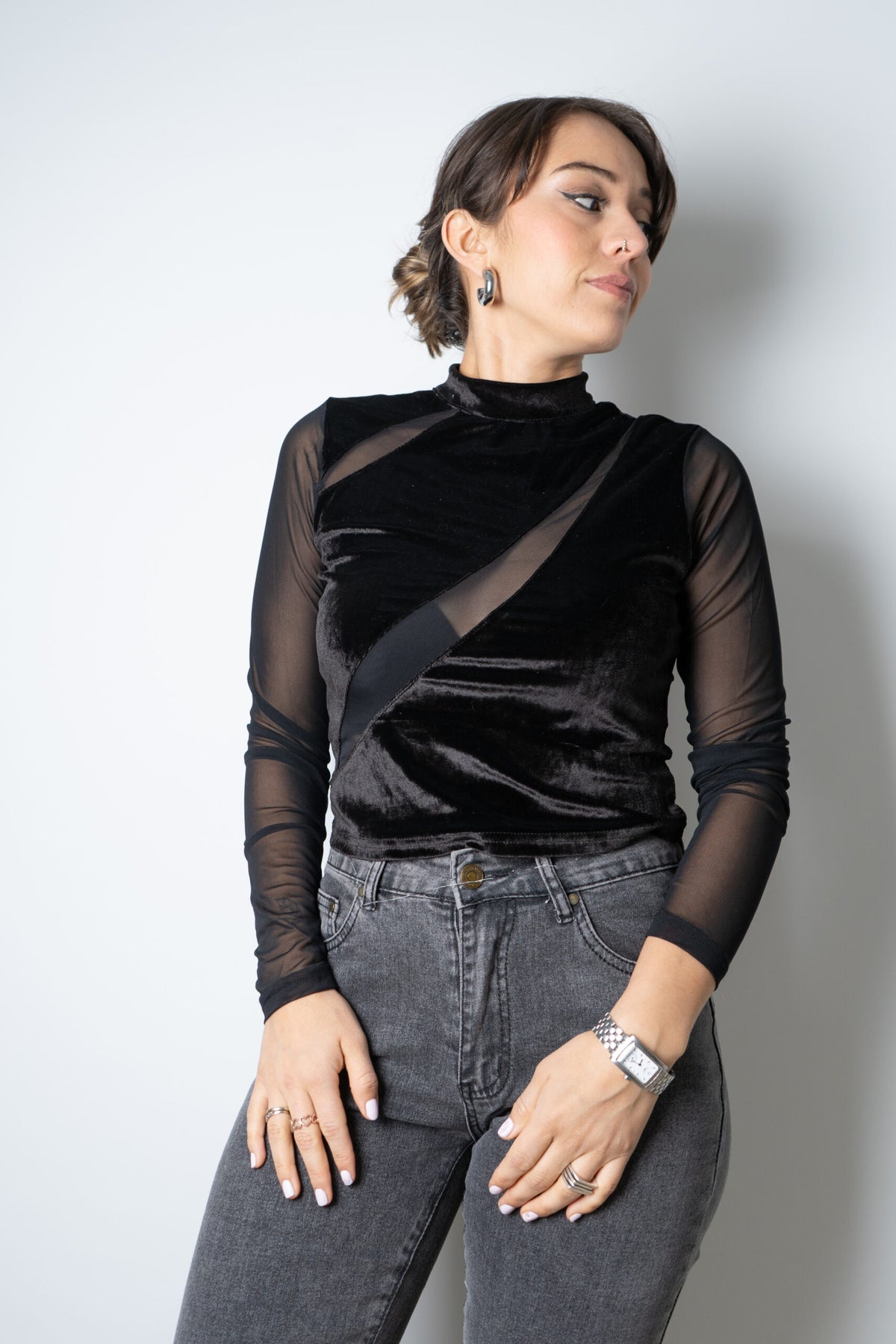 Top de Diseño con Transparencia/Terciopelo - Negro