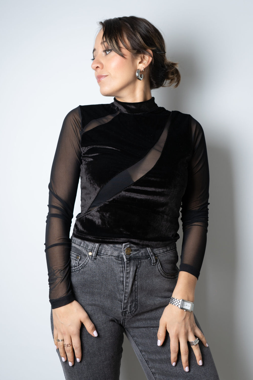 Top de Diseño con Transparencia/Terciopelo - Negro
