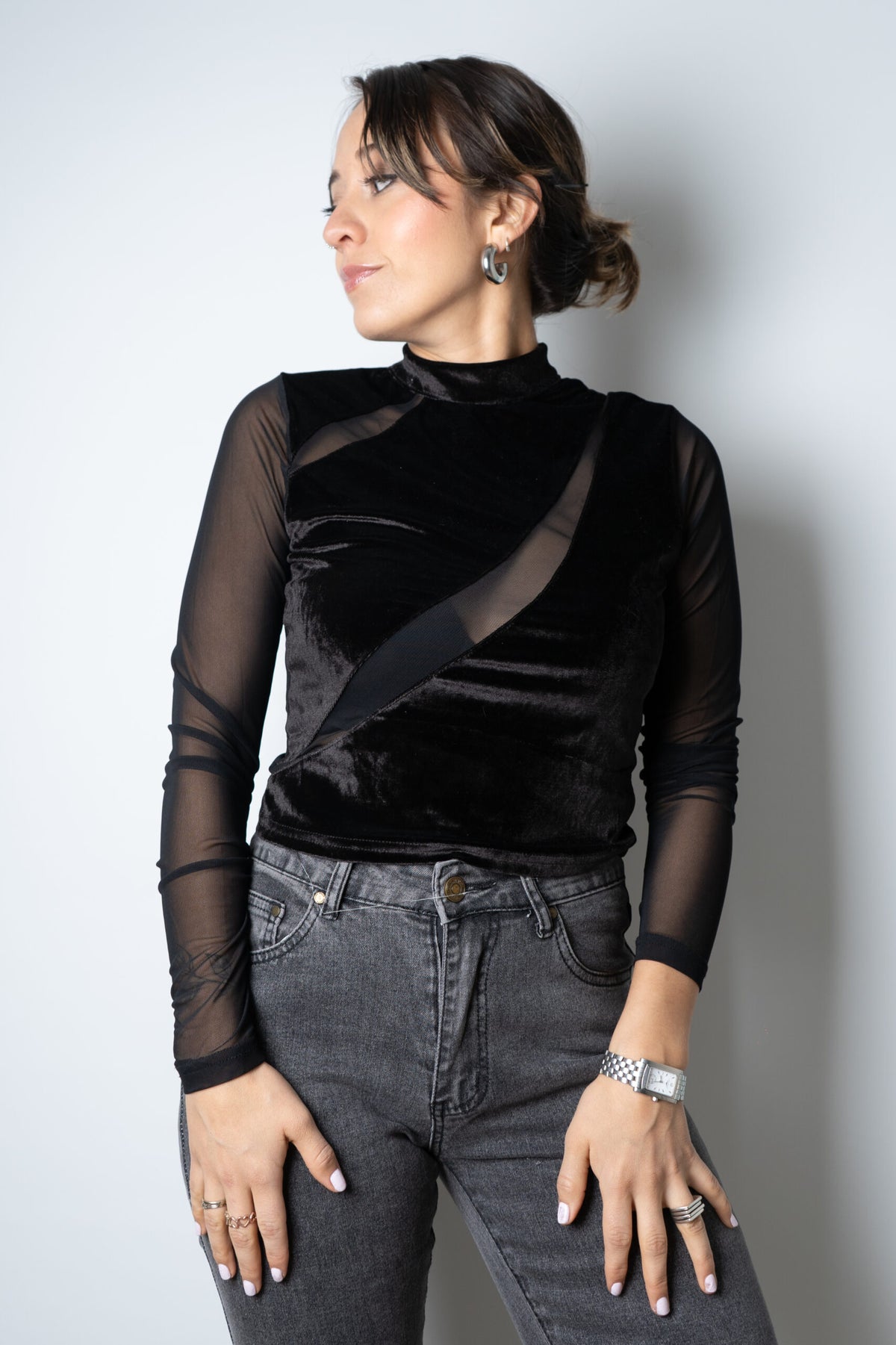 Top de Diseño con Transparencia/Terciopelo - Negro
