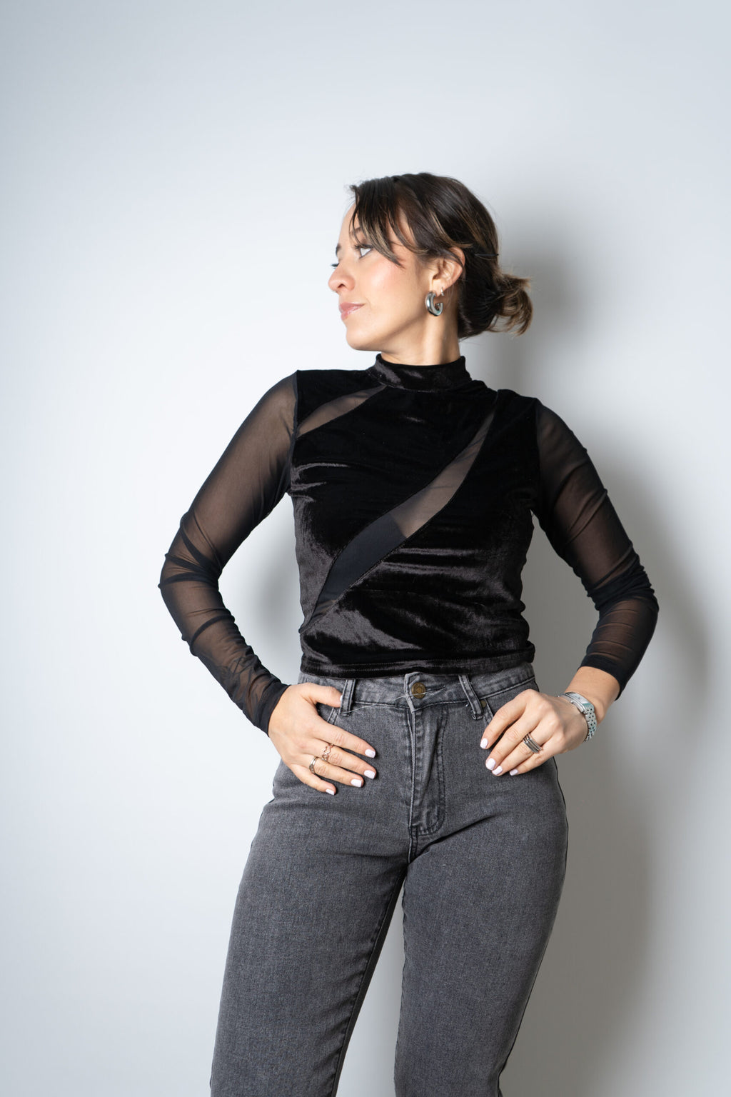 Top de Diseño con Transparencia/Terciopelo - Negro