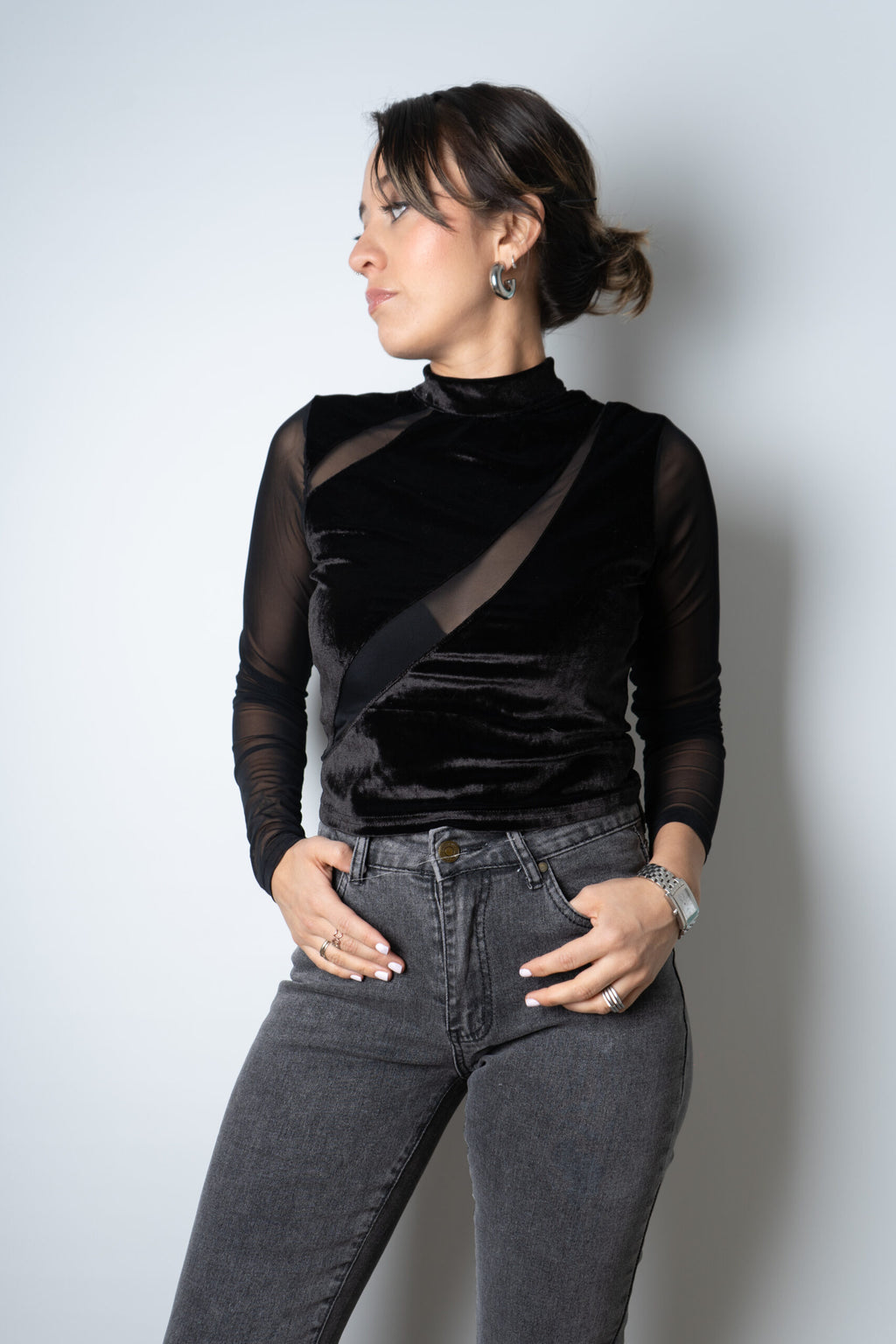 Top de Diseño con Transparencia/Terciopelo - Negro
