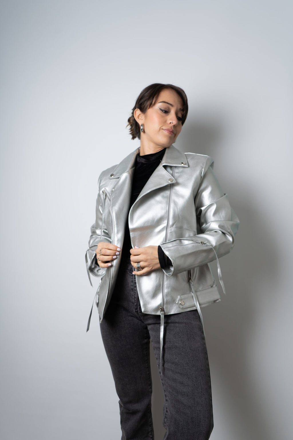 Chaqueta Aviadora de Ecocuero - Plateada