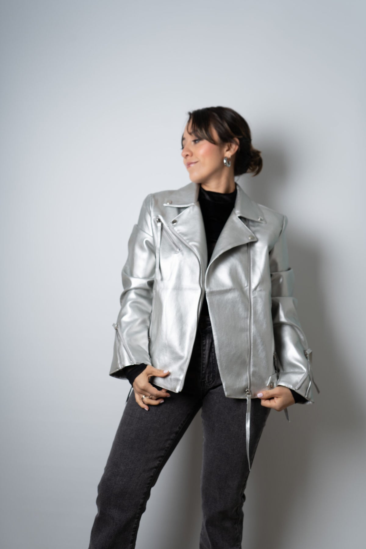 Chaqueta Aviadora de Ecocuero - Plateada