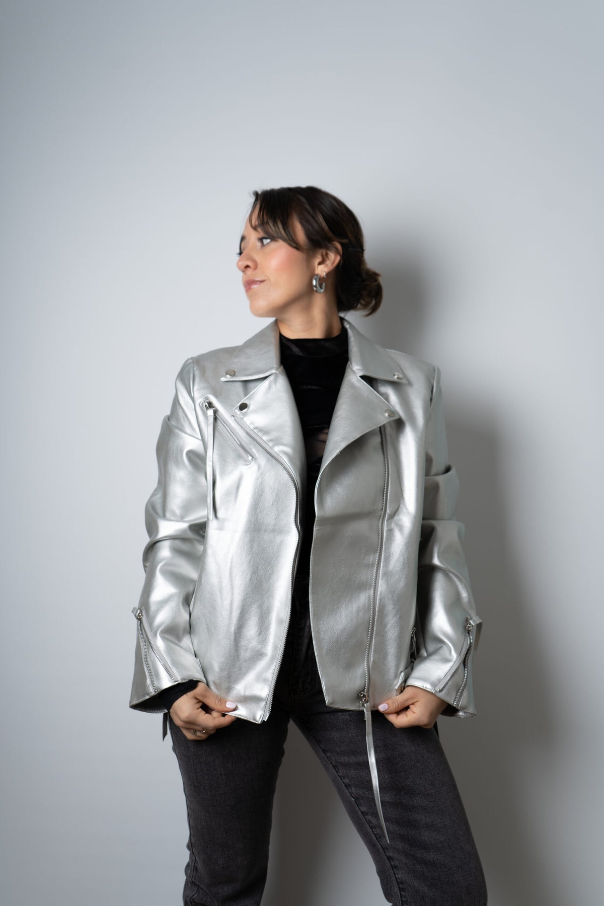 Chaqueta Aviadora de Ecocuero - Plateada