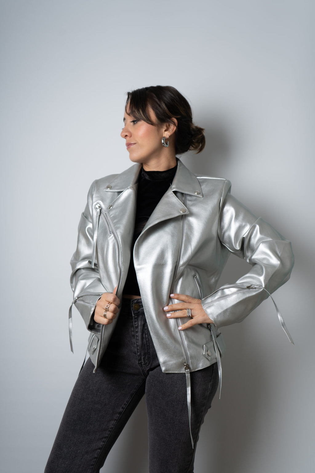 Chaqueta Aviadora de Ecocuero - Plateada