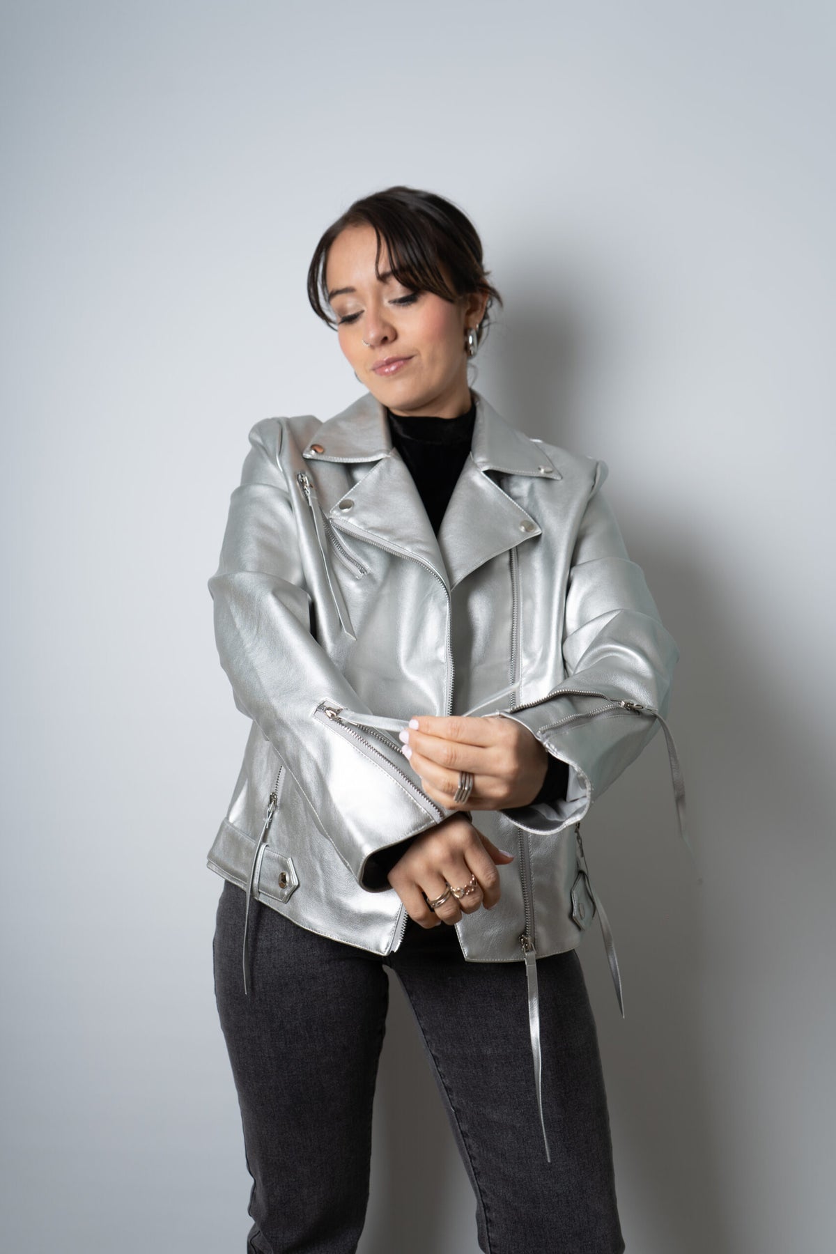 Chaqueta Aviadora de Ecocuero - Plateada