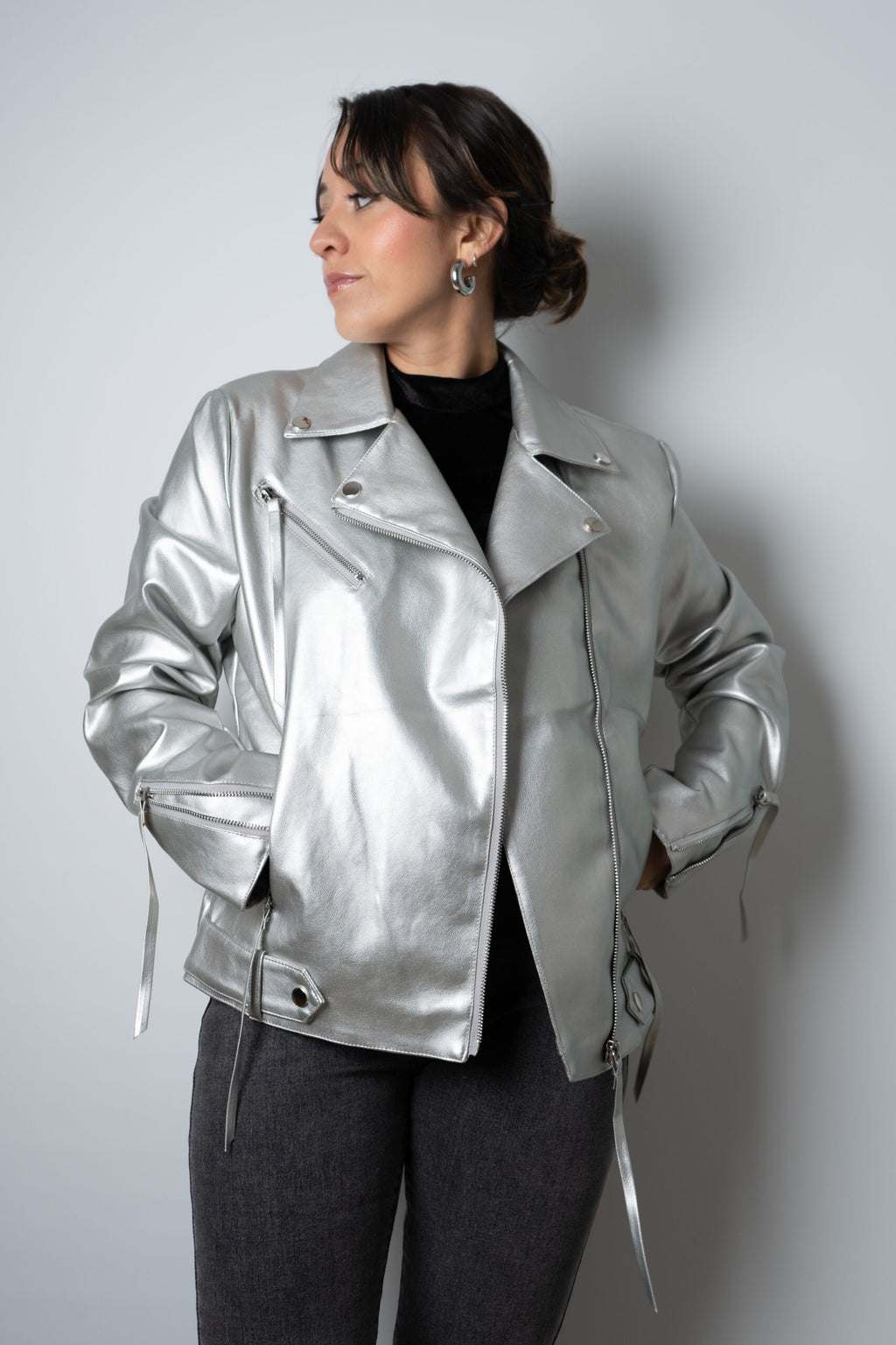 Chaqueta Aviadora de Ecocuero - Plateada