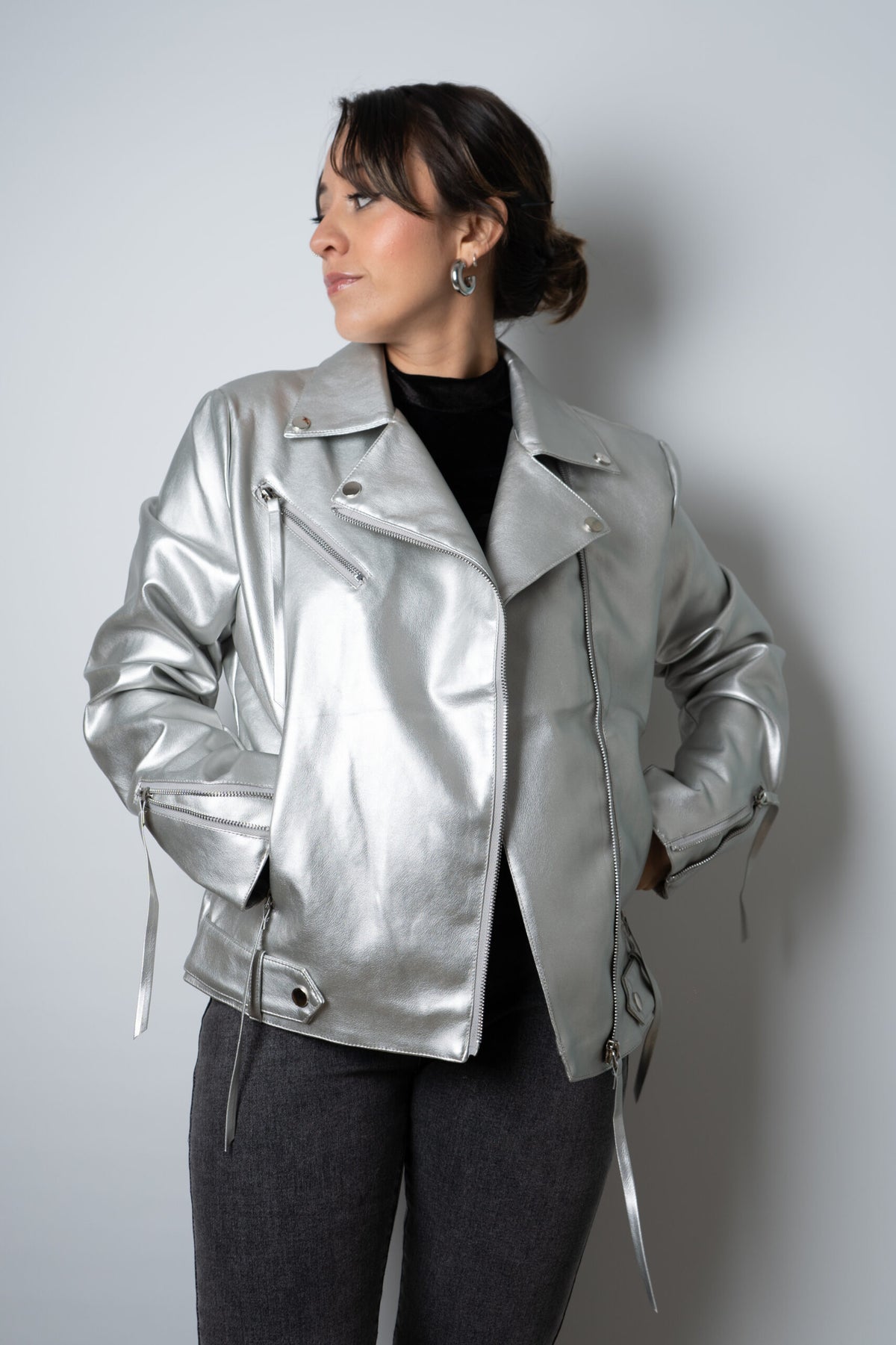 Chaqueta Aviadora de Ecocuero - Plateada