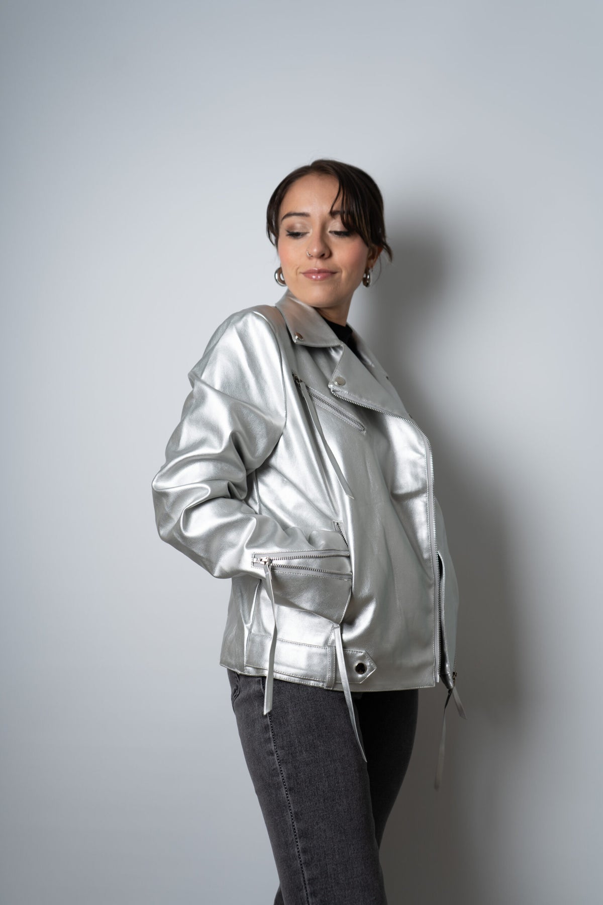Chaqueta Aviadora de Ecocuero - Plateada