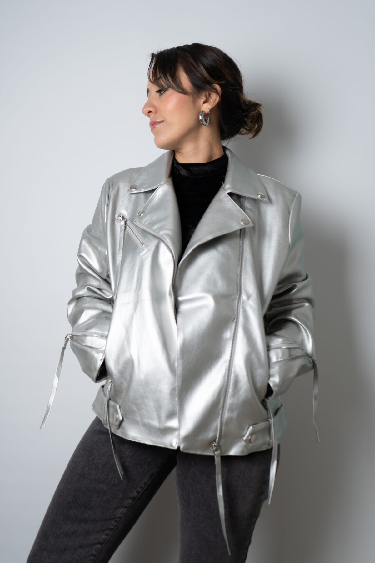 Chaqueta Aviadora de Ecocuero - Plateada