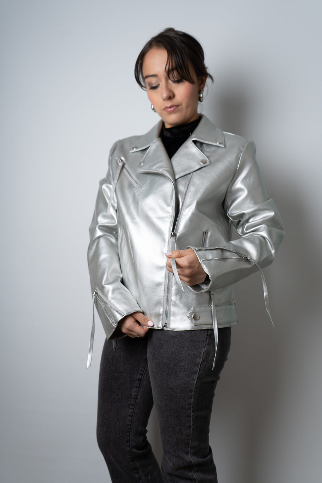 Chaqueta Aviadora de Ecocuero - Plateada