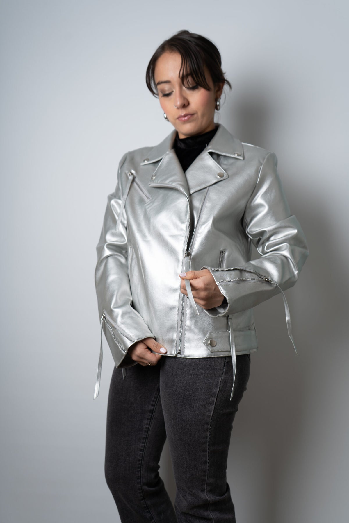 Chaqueta Aviadora de Ecocuero - Plateada