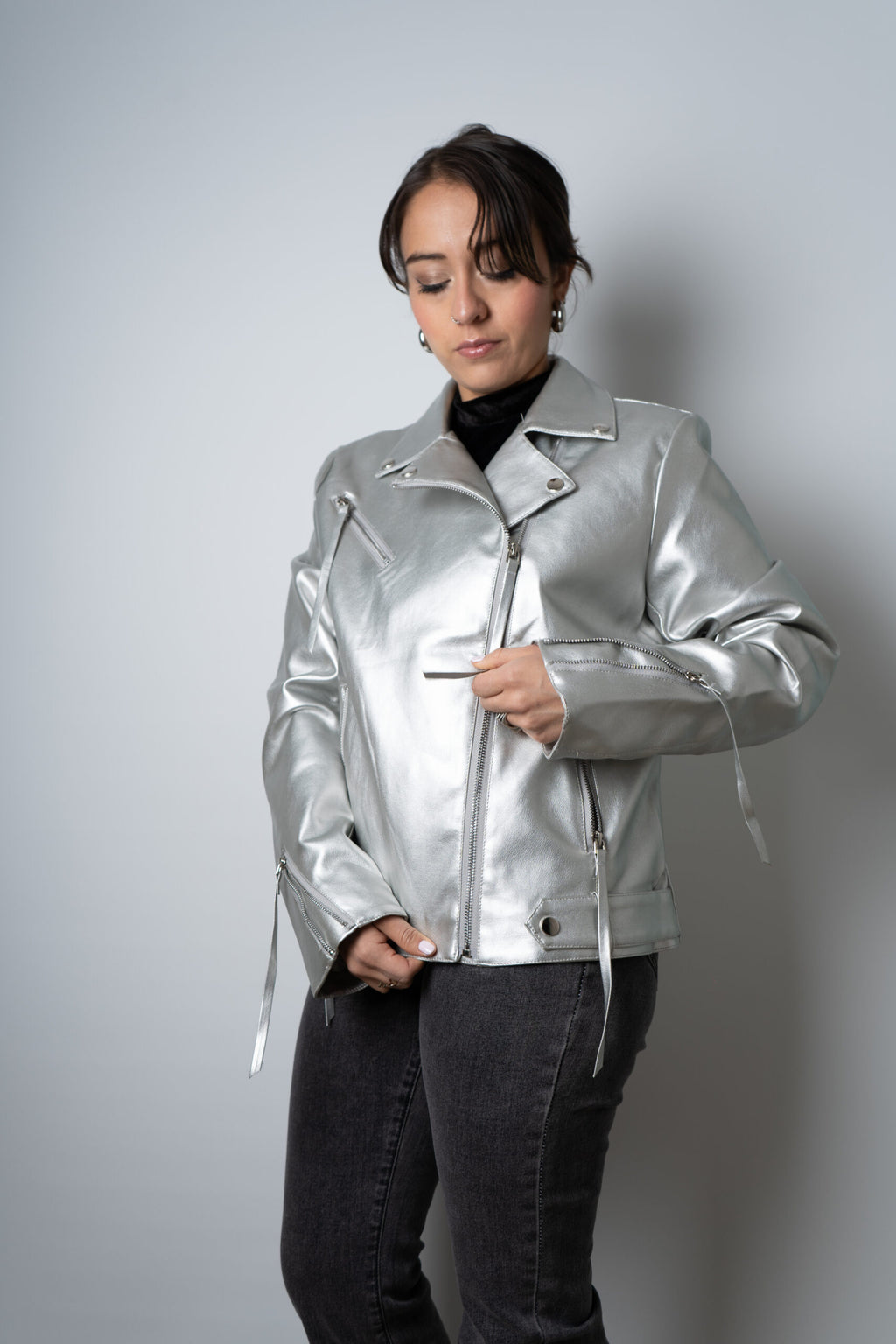 Chaqueta Aviadora de Ecocuero - Plateada