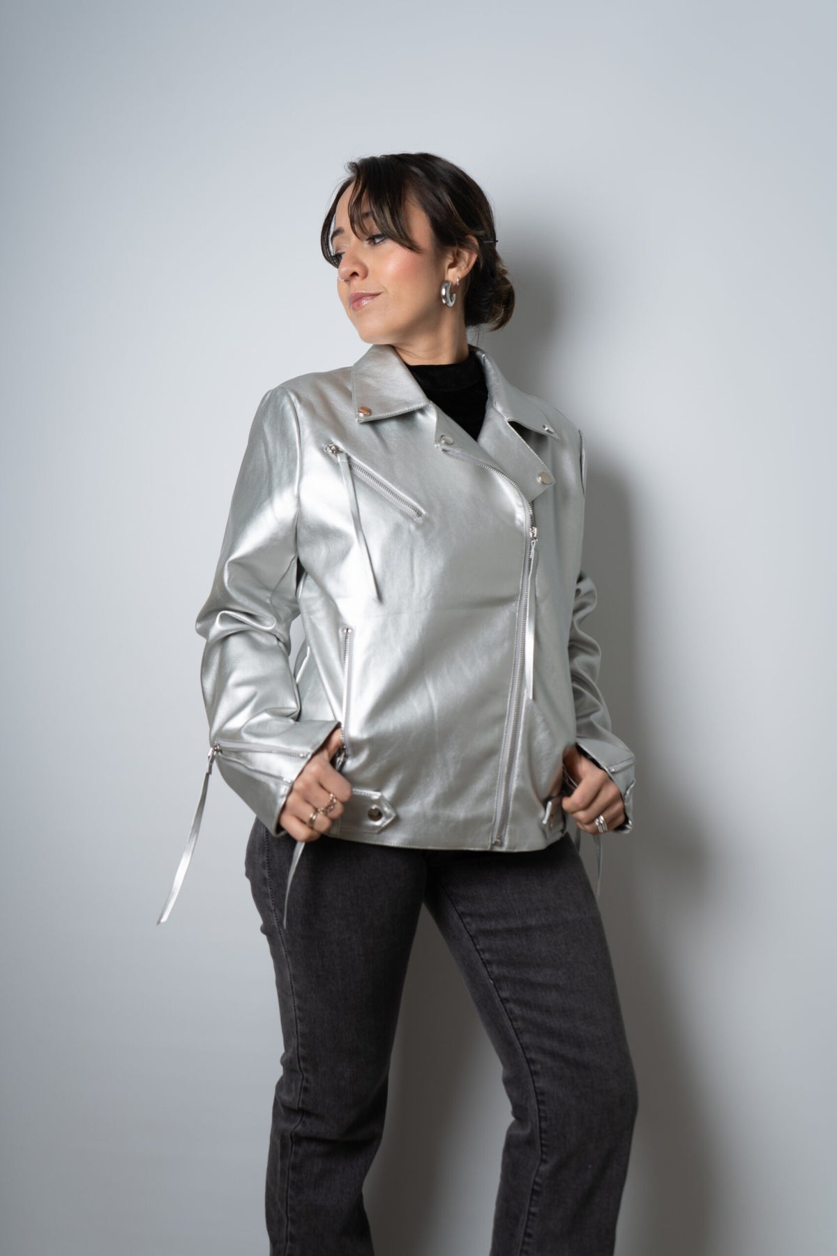 Chaqueta Aviadora de Ecocuero - Plateada