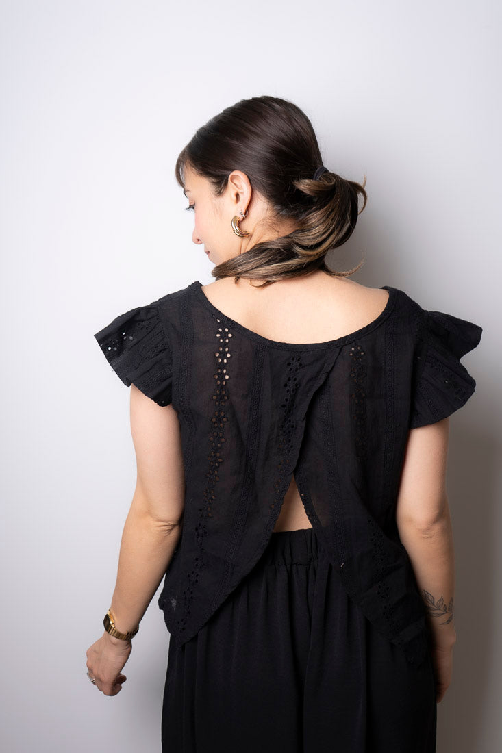 Polera Broderie espalda escotada - Negro