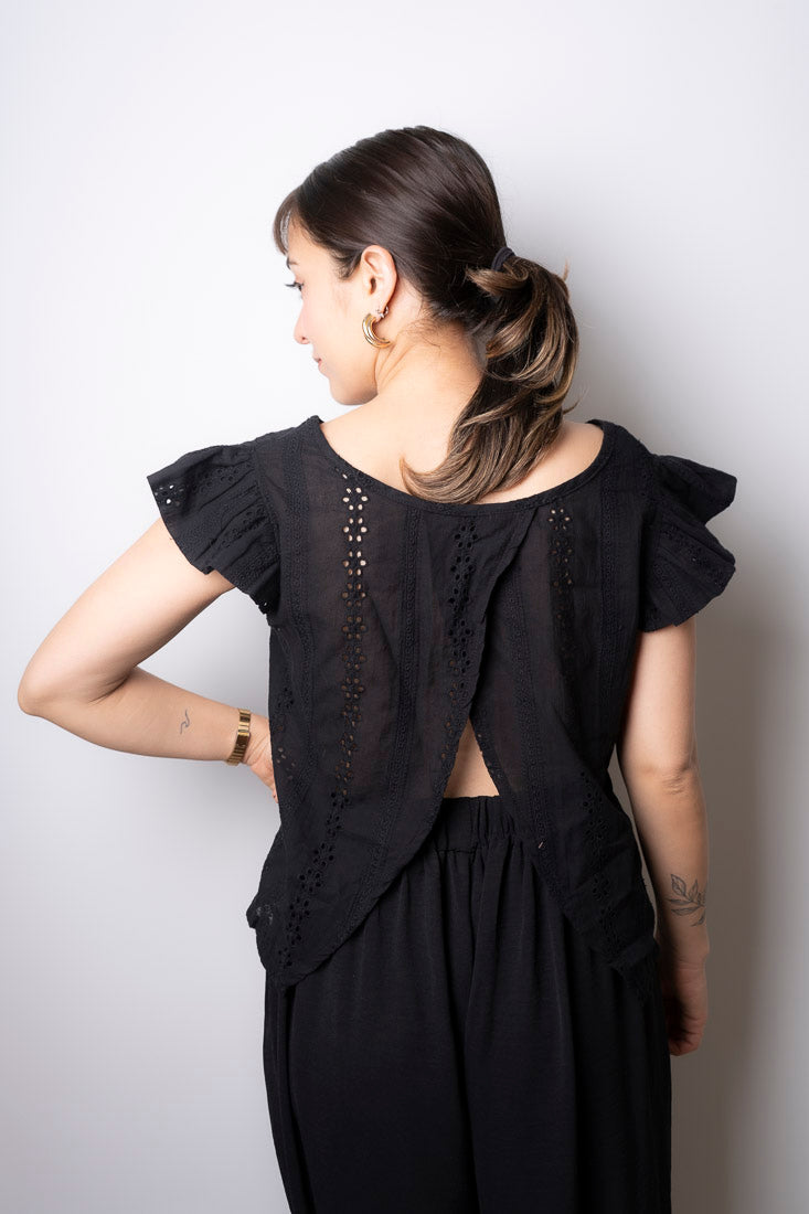 Polera Broderie espalda escotada - Negro